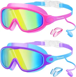 Vvinca Swim Goggles, Kids Goggles with Earplugs& Nose Clip Wide View Anti-Fog/UV Swimming Goggles for Age 3-15 Boys Girls