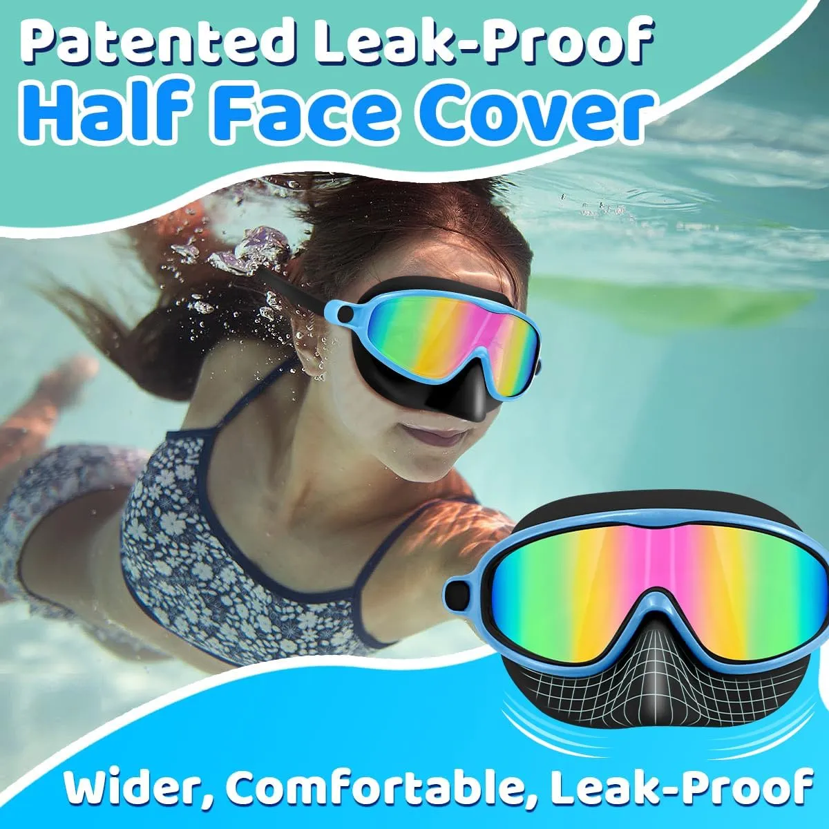 Vvinca Swim Goggles with Nose Cover, 2 Pack Wide View Diving Mask Anti-Fog UV No Leak Toddlers Swimming Goggles for Kids 3-15