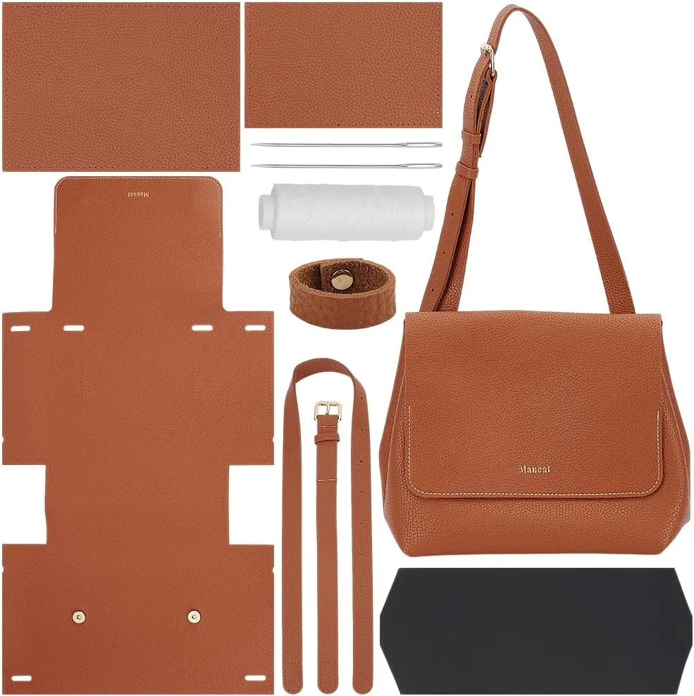 WADORN DIY Imitation Leather Shoulder Bag Sewing Set, Women's Crossbody Handbag Making Kits Imitation Leather Handmade Satchel Handbag Making Kit for Craft Bag Making Accessories, Saddle Brown