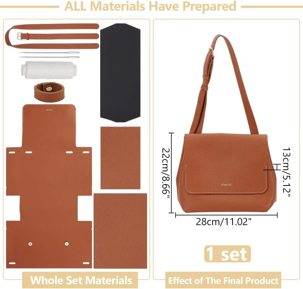 WADORN DIY Imitation Leather Shoulder Bag Sewing Set, Women's Crossbody Handbag Making Kits Imitation Leather Handmade Satchel Handbag Making Kit for Craft Bag Making Accessories, Saddle Brown