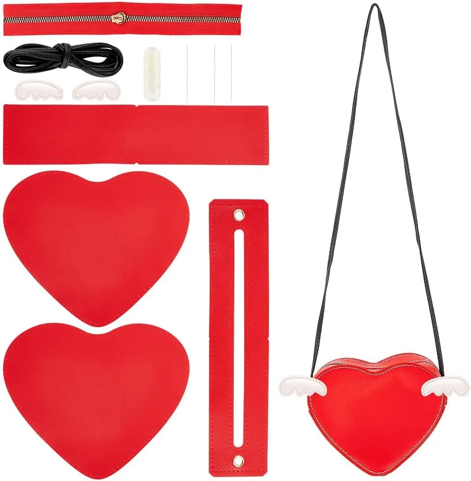 WADORN DIY Leather Crossbody Bag Making Kit, PU Leather Heart Shaped Purse Sewing Pattern Materials Craft Handbag Handmade Stitching Accessories for Women Unique Gift,6.7x7.7 inch, Red