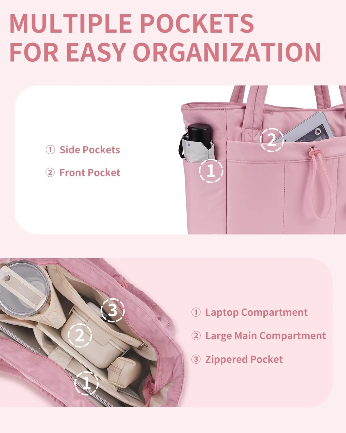 Wandering Nature Tote Bag for Women with Water Bottle Pocket Fit for Stanley Cup, Puffer Carry On Tote with Laptop Compartment and Trolley Sleeve for Work, Nurse, College, Travel