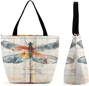 Watercolor Dragonfly Rustic Wood Style Vintage Insect Tote Bag for Women Reusable Beach Shoulder Bag Lightweight Grocery Bags Travel Handbag
