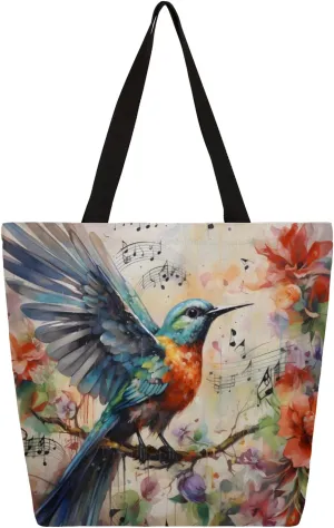 Watercolour Bird Sheet Music Flower Large Capacity Canvas Tote Bag Stylish Handheld Shoulder Bag Reusable Shopping Bag for Work Travel Beach Trips Shopping