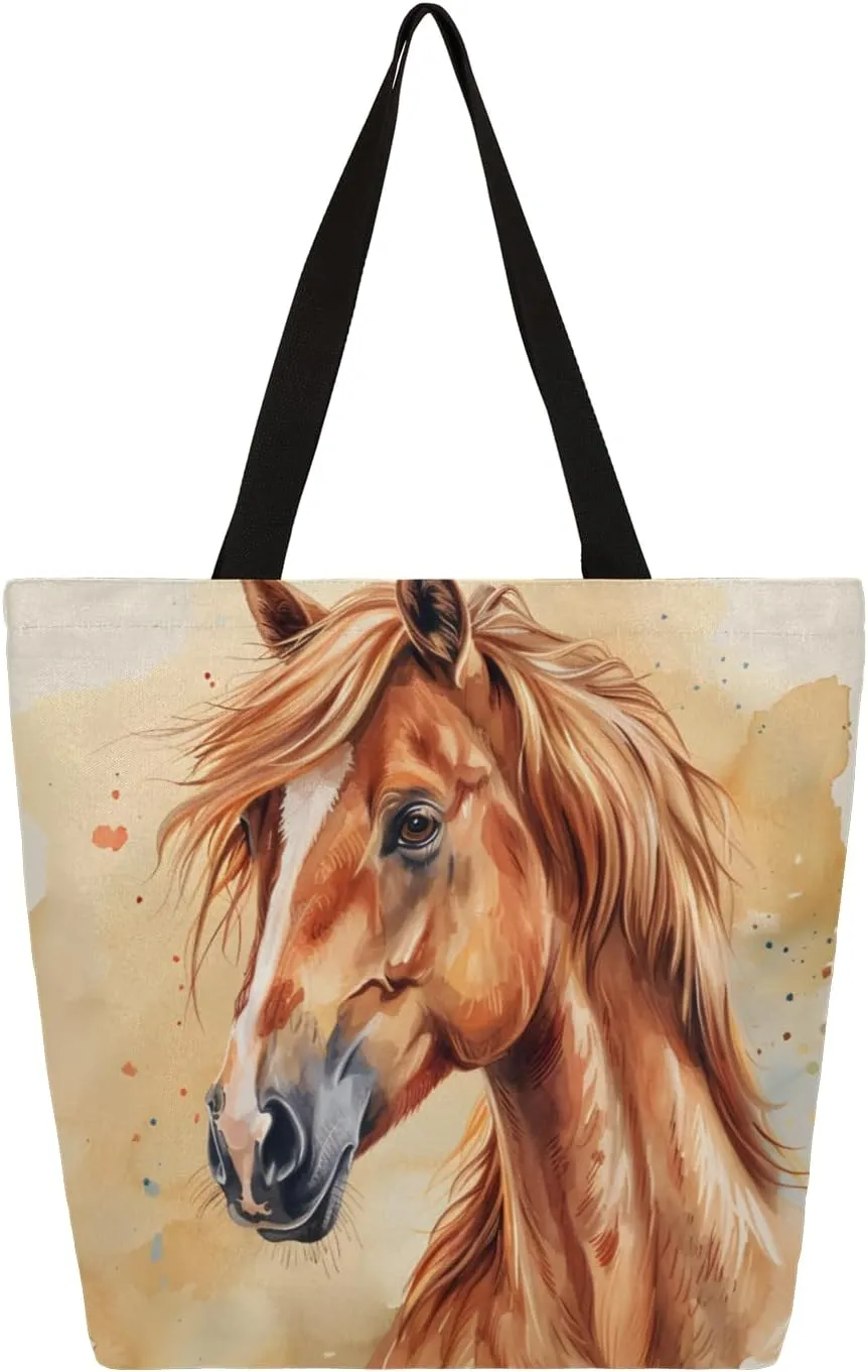 Watercolour Horse Large Capacity Canvas Tote Bag Stylish Handheld Shoulder Bag Reusable Shopping Bag for Work Travel Beach Trips Shopping