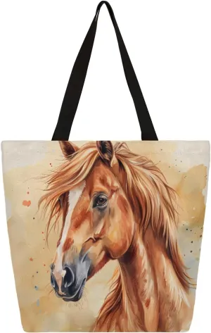 Watercolour Horse Large Capacity Canvas Tote Bag Stylish Handheld Shoulder Bag Reusable Shopping Bag for Work Travel Beach Trips Shopping