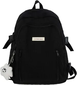 Wave Crease Kawaii Backpack with Cute Accessories Travel Backpacks Lightweight Solid Color Bags 16 Inch Daypack (Black)