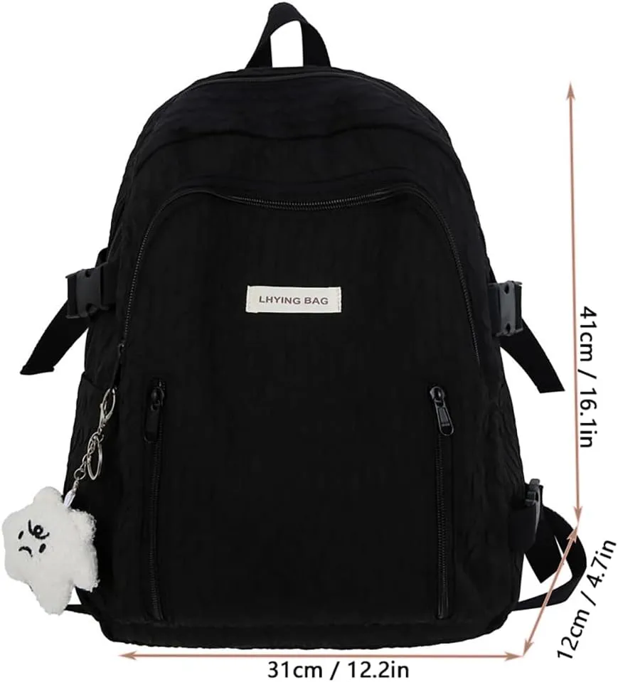 Wave Crease Kawaii Backpack with Cute Accessories Travel Backpacks Lightweight Solid Color Bags 16 Inch Daypack (Black)