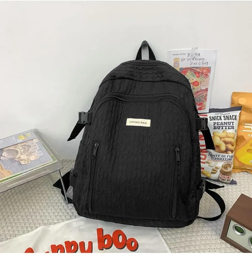 Wave Crease Kawaii Backpack with Cute Accessories Travel Backpacks Lightweight Solid Color Bags 16 Inch Daypack (Black)