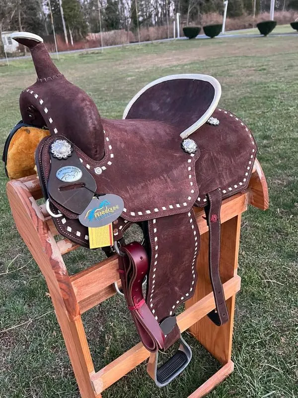 Western Barrel Racing Pleasure Trail Deep Seat Premium Leather Horse Saddle with Matching Headstall, Breast Collar (Brown, 15inch), WW-SADDLE-BR-15in