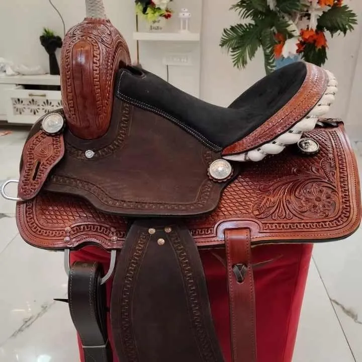 Western Barrel Racing Wooden Tree Horse Saddles Handmade Premium Leather Comfort Horses Trail Equestrian Tooled Carved Horse Saddle Riding Size: 10-18 inches Seat, KK05