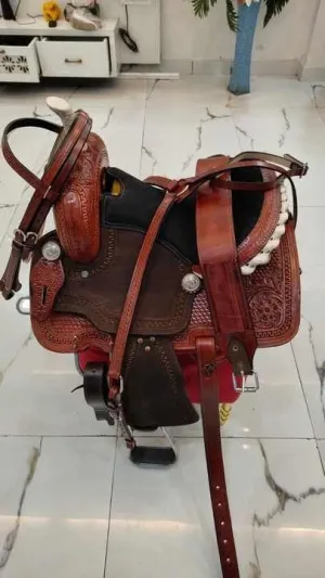 Western Barrel Racing Wooden Tree Horse Saddles Handmade Premium Leather Comfort Horses Trail Equestrian Tooled Carved Horse Saddle Riding Size: 10-18 inches Seat, KK05