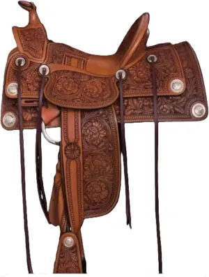 Western Deep Seat Full Carved and Tooled Leather Dark Tan Pleasure Trail Saddle Ranch Work Collection Head Stall Breast Collar, Reins Included Set-All Customization Available