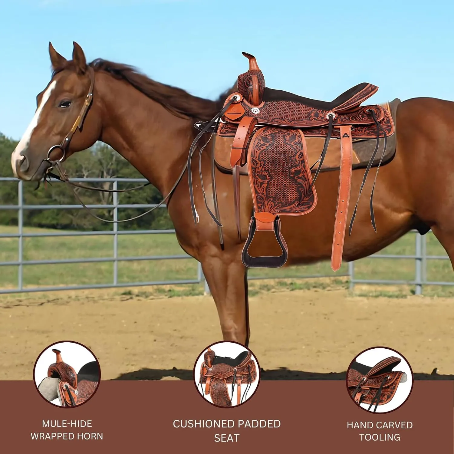 Western Horse Saddle Leather Flex Tree Trail & Pleasure Saddle for Horses Dark Brown Leather with Floral Design American Saddle Tack Horse Saddle Western Size 8 to 17 Inches Seat (8 Inch)