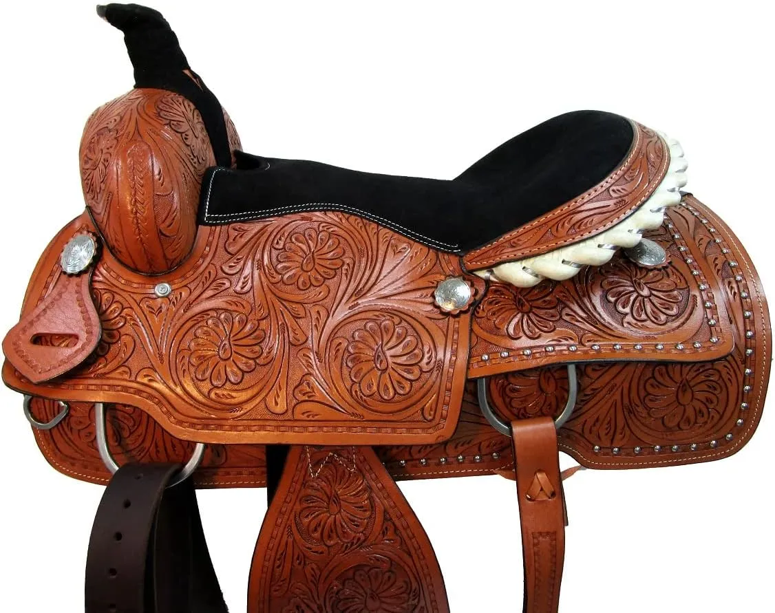 Western Trail Saddle Horse Pleasure Comfortable Ride Tooled Leather Rodeo Cowboy Saddles 15 16 17 18 FQHB
