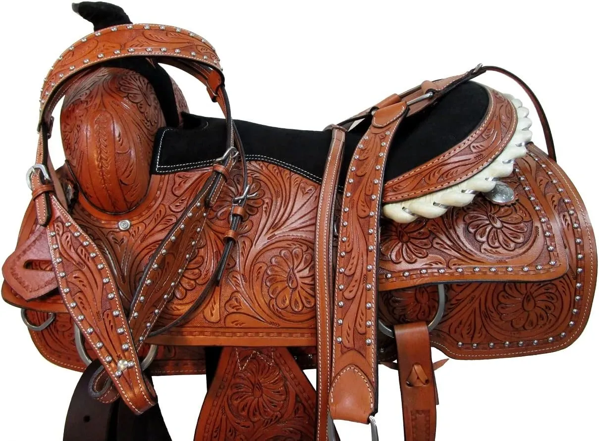 Western Trail Saddle Horse Pleasure Comfortable Ride Tooled Leather Rodeo Cowboy Saddles 15 16 17 18 FQHB