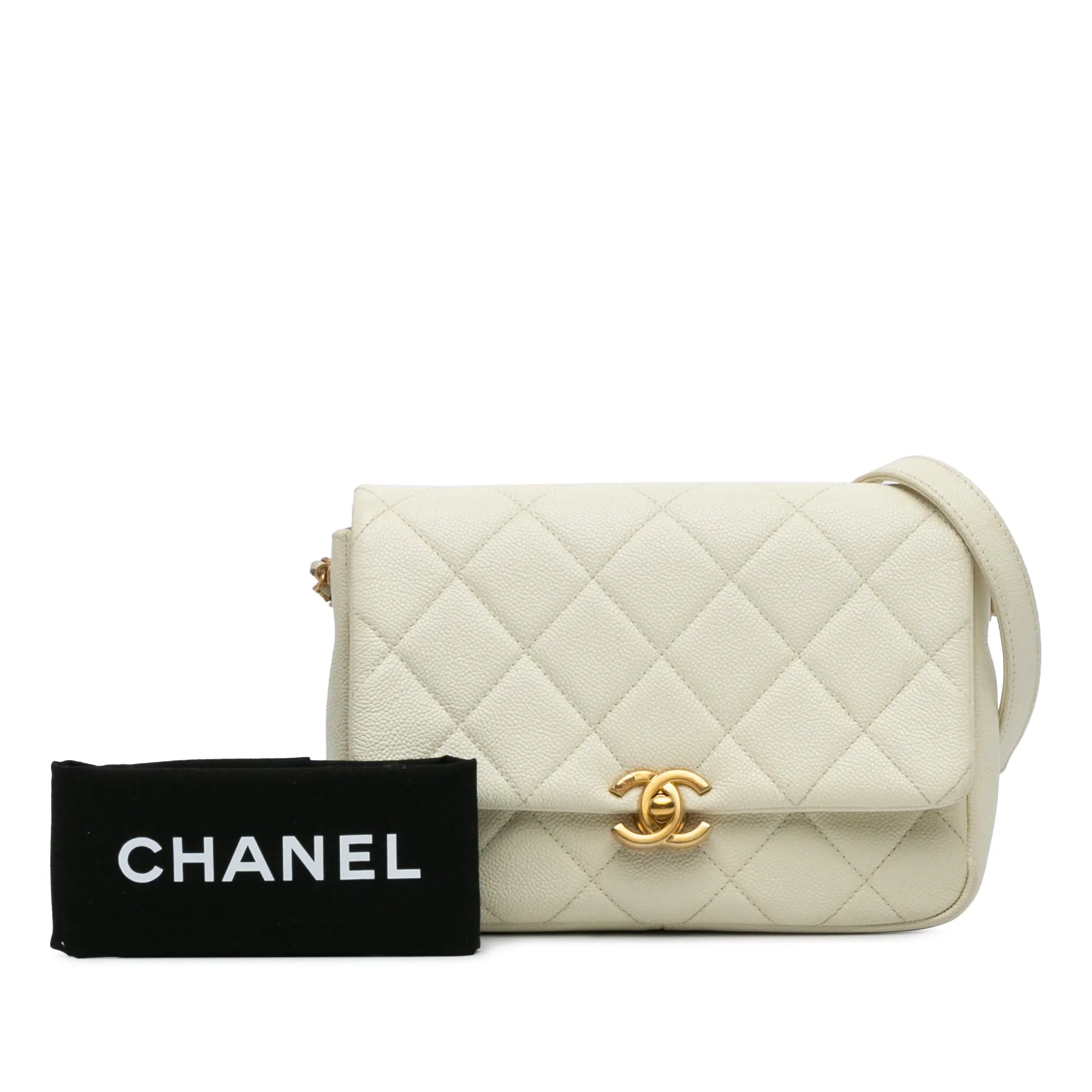 White Chanel Small Quilted Caviar Chain Melody Flap Crossbody Bag