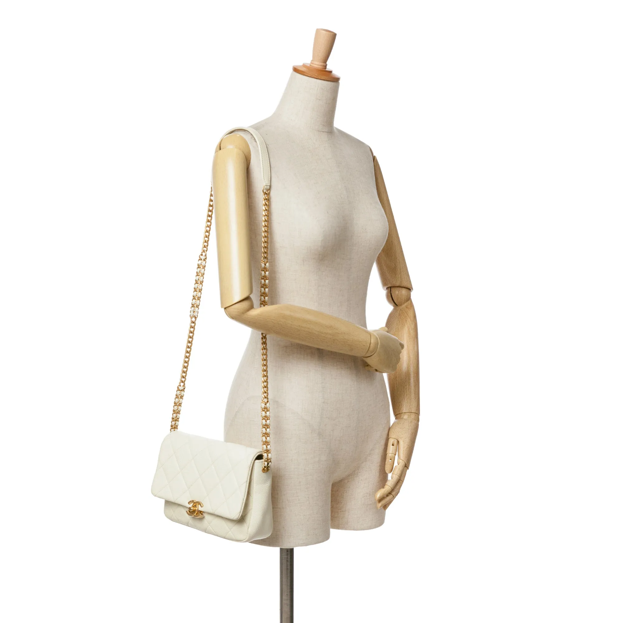 White Chanel Small Quilted Caviar Chain Melody Flap Crossbody Bag