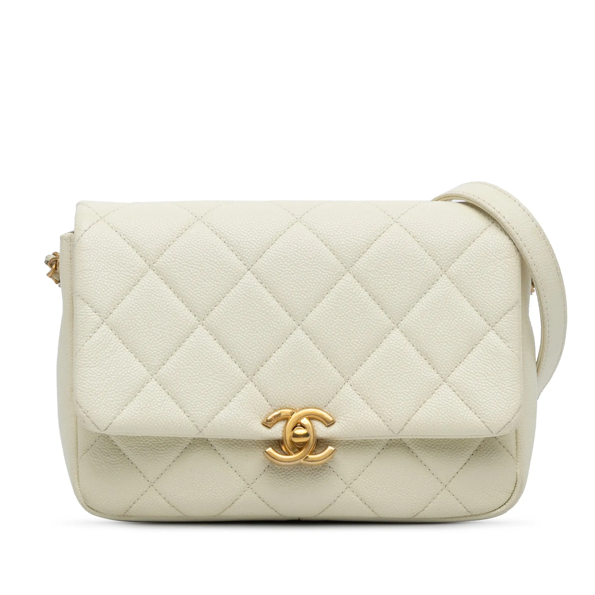 White Chanel Small Quilted Caviar Chain Melody Flap Crossbody Bag