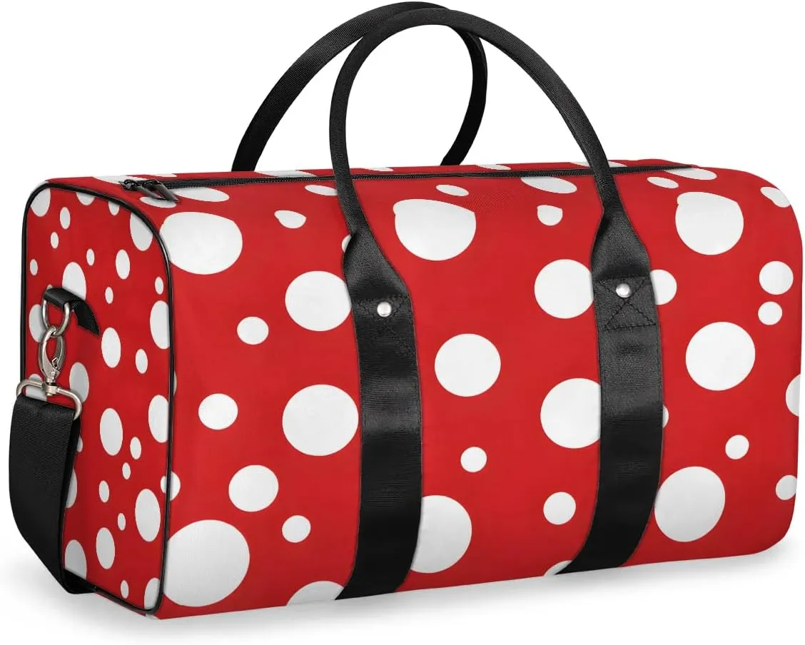 White Polka Dots on Red Travel Duffel Bag for Women Men Waterproof Foldable Overnight Weekender Bag Large Capacity Sports Gym Bag