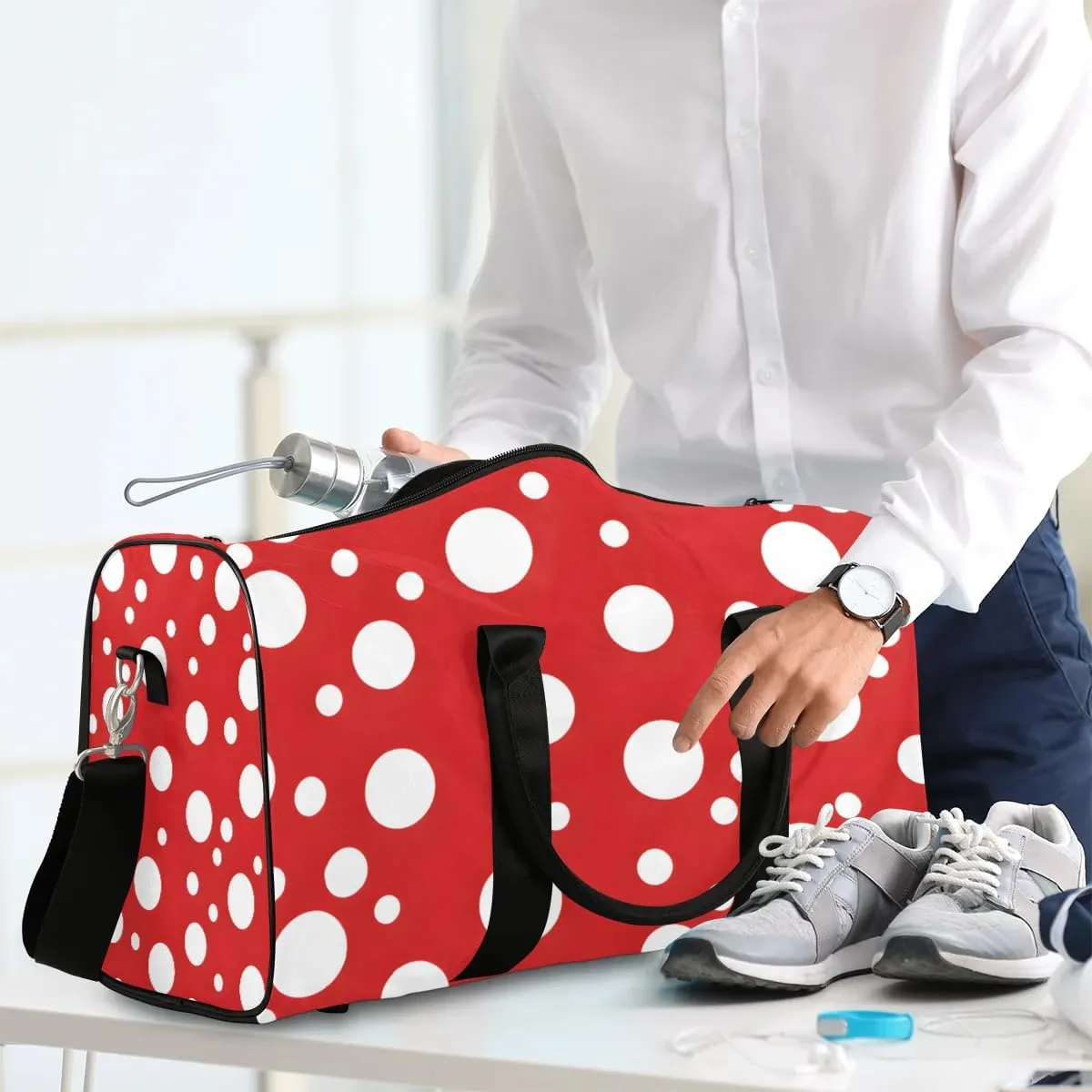 White Polka Dots on Red Travel Duffel Bag for Women Men Waterproof Foldable Overnight Weekender Bag Large Capacity Sports Gym Bag