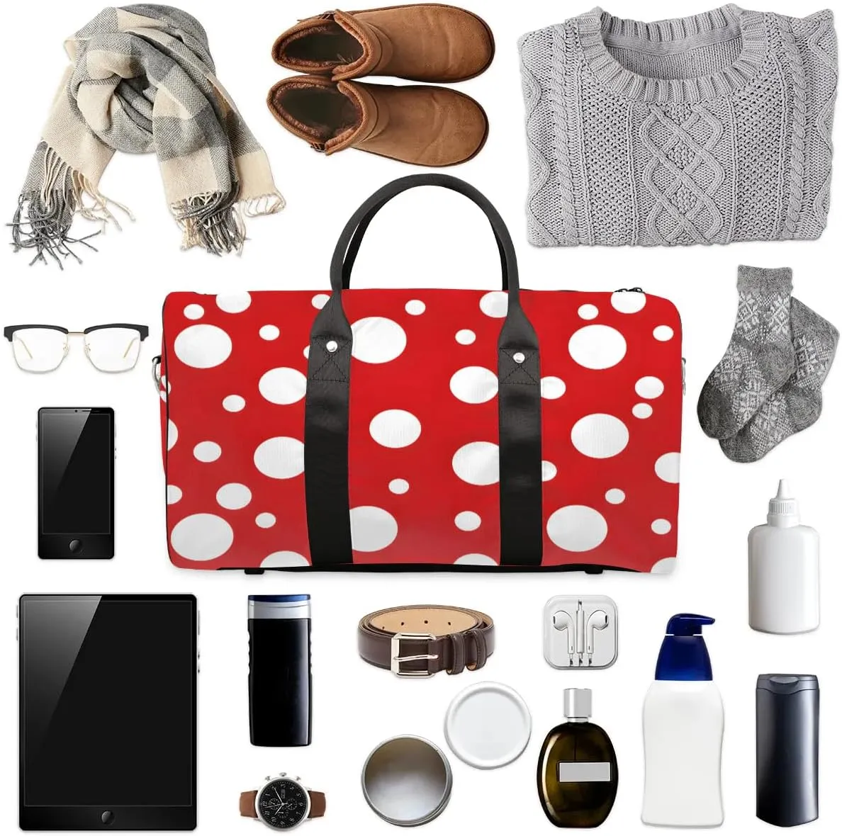 White Polka Dots on Red Travel Duffel Bag for Women Men Waterproof Foldable Overnight Weekender Bag Large Capacity Sports Gym Bag