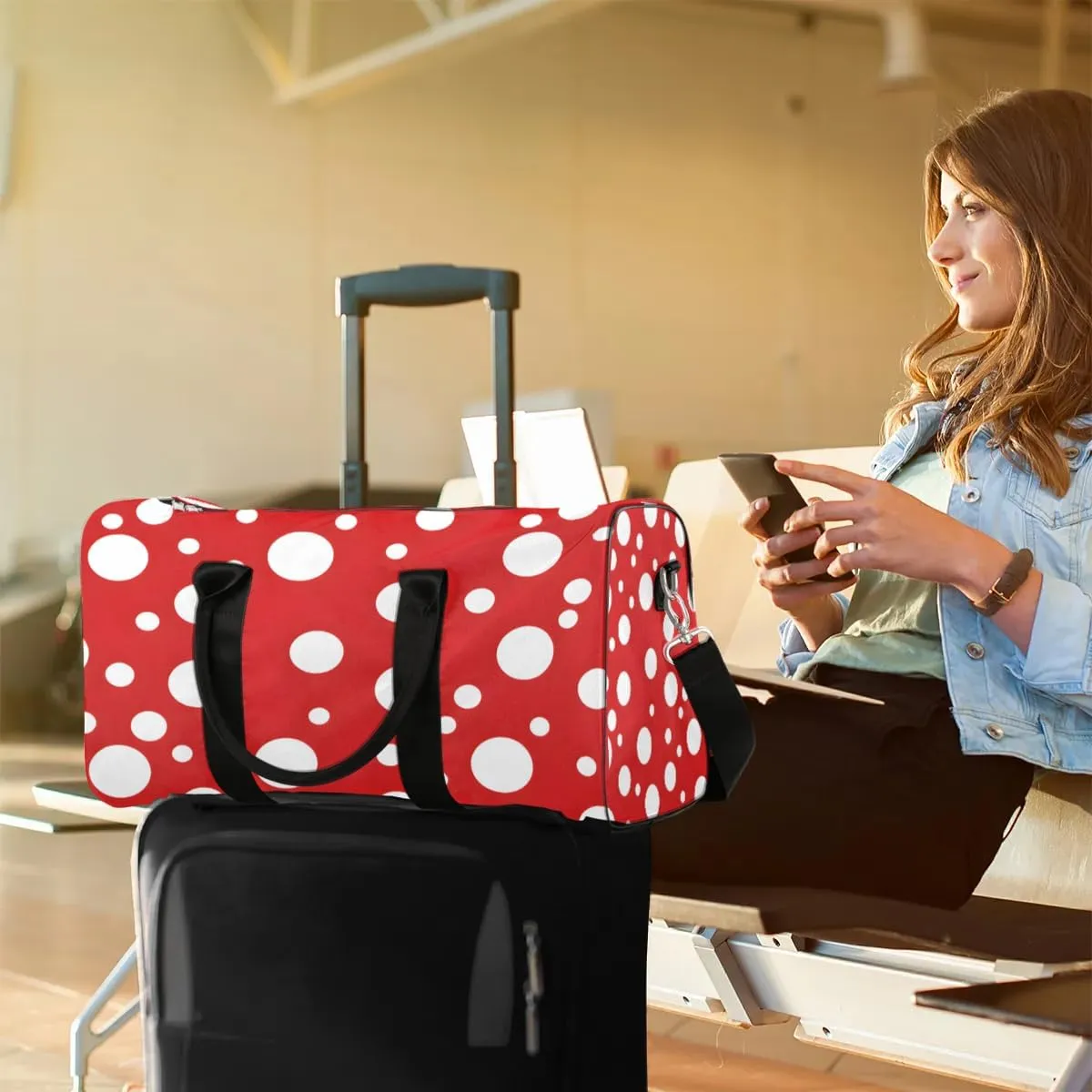 White Polka Dots on Red Travel Duffel Bag for Women Men Waterproof Foldable Overnight Weekender Bag Large Capacity Sports Gym Bag