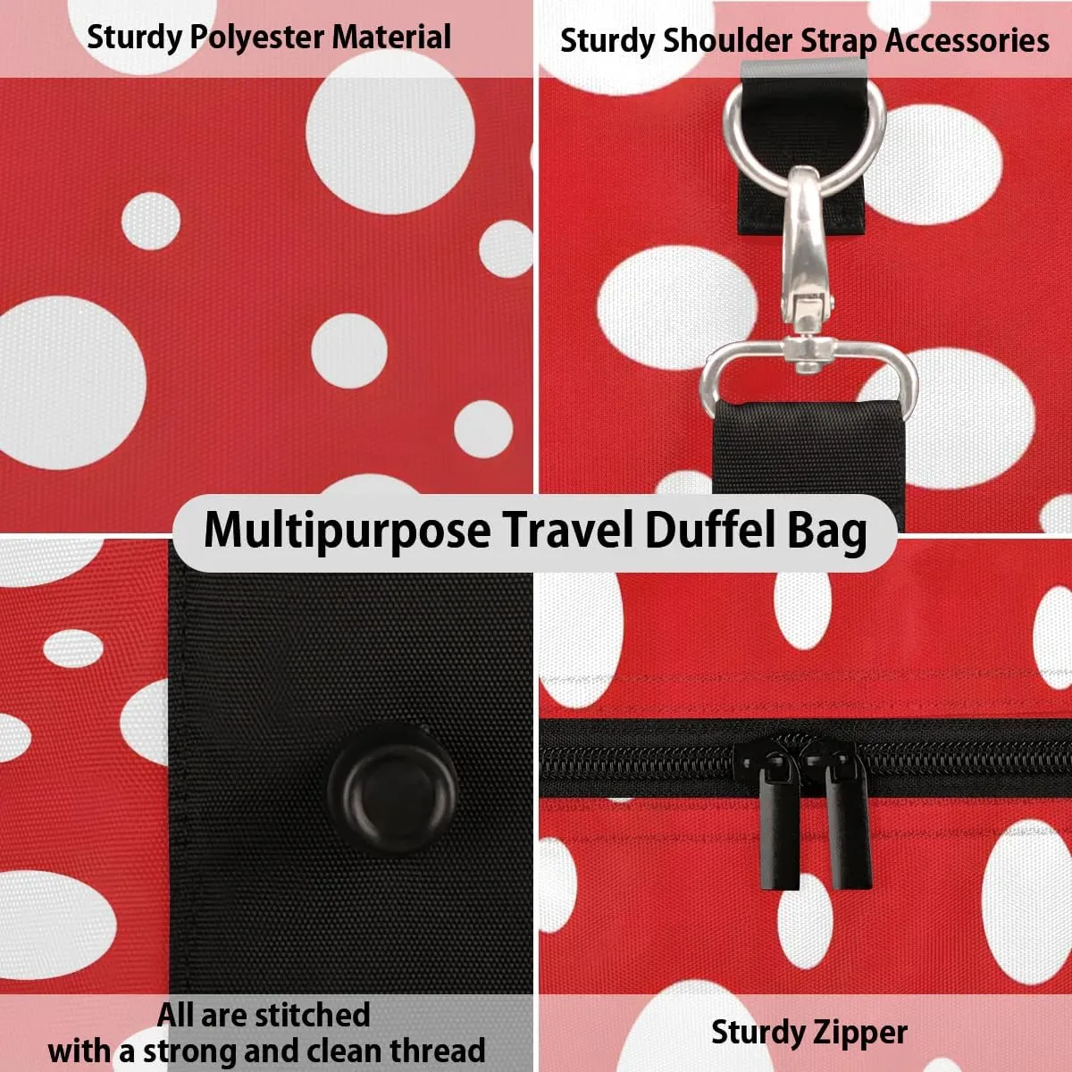 White Polka Dots on Red Travel Duffel Bag for Women Men Waterproof Foldable Overnight Weekender Bag Large Capacity Sports Gym Bag