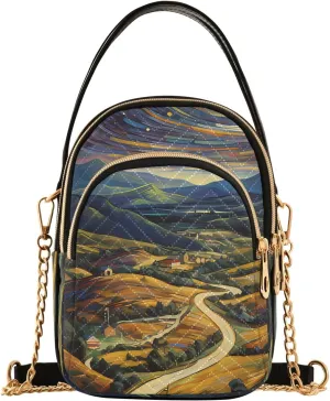 Women Crossbody Handbag Wilderness Path under Starry Sky Painting Quilted Chain Bag