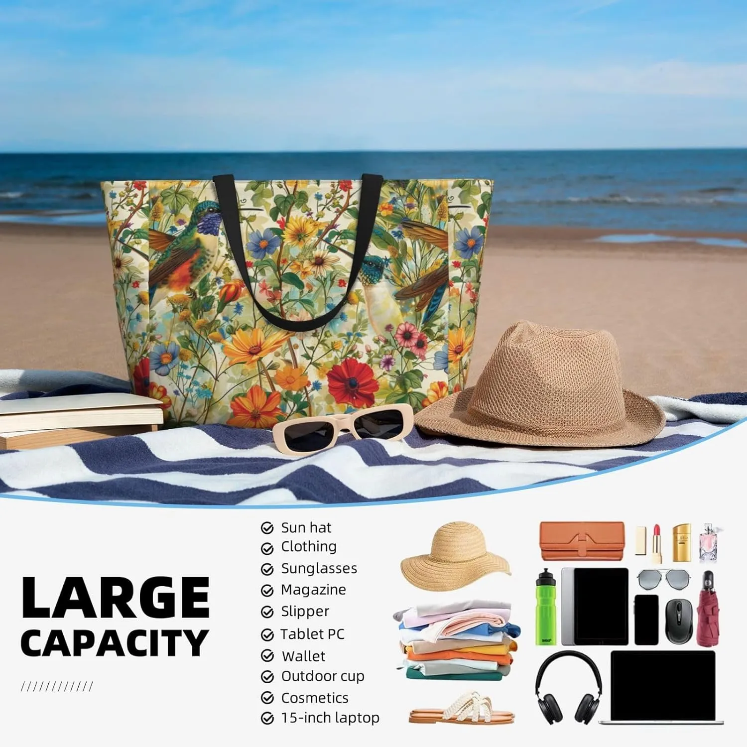 Women Large Beach Bag Travel Weekender Foldable Tote Bag for Pool Beach Vacation Gym