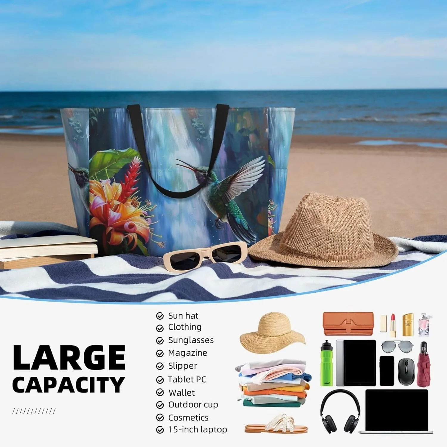 Women Large Beach Bag Travel Weekender Foldable Tote Bag for Pool Beach Vacation Gym