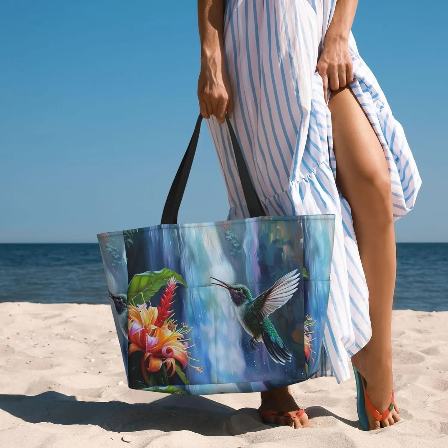 Women Large Beach Bag Travel Weekender Foldable Tote Bag for Pool Beach Vacation Gym