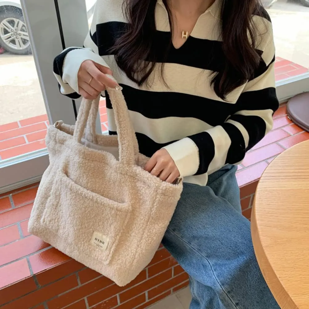 Women Shoulder Crossbody Bag Soft Plush Messenger Handbag Large Capacity Fleece Shoulder Bag Lamb Down Travel Stre