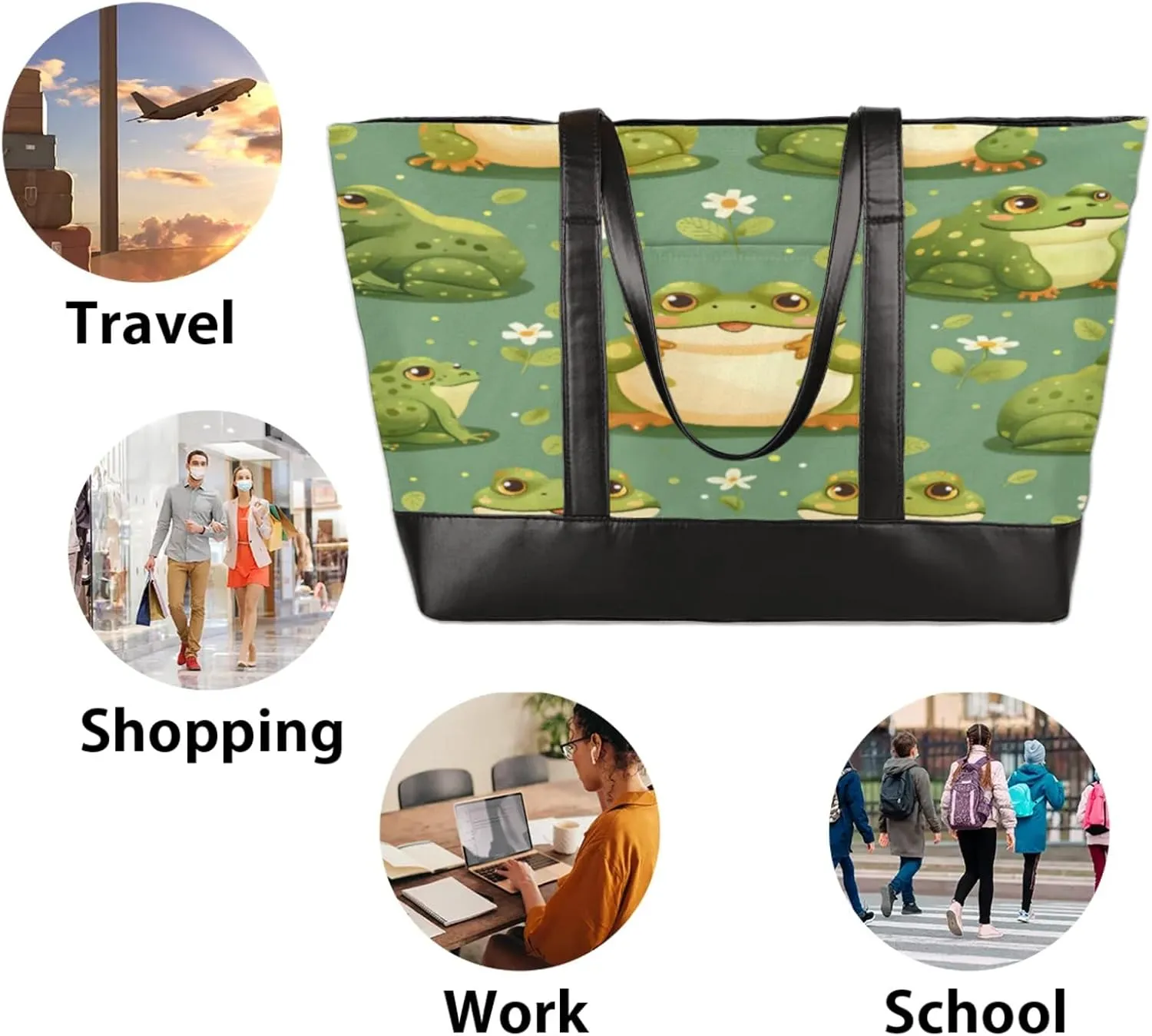 Women Tote Bag with Zipper, Shopper Handbag Travel Purse, PU Leather Laptop Tote Bags, Weekender Bags