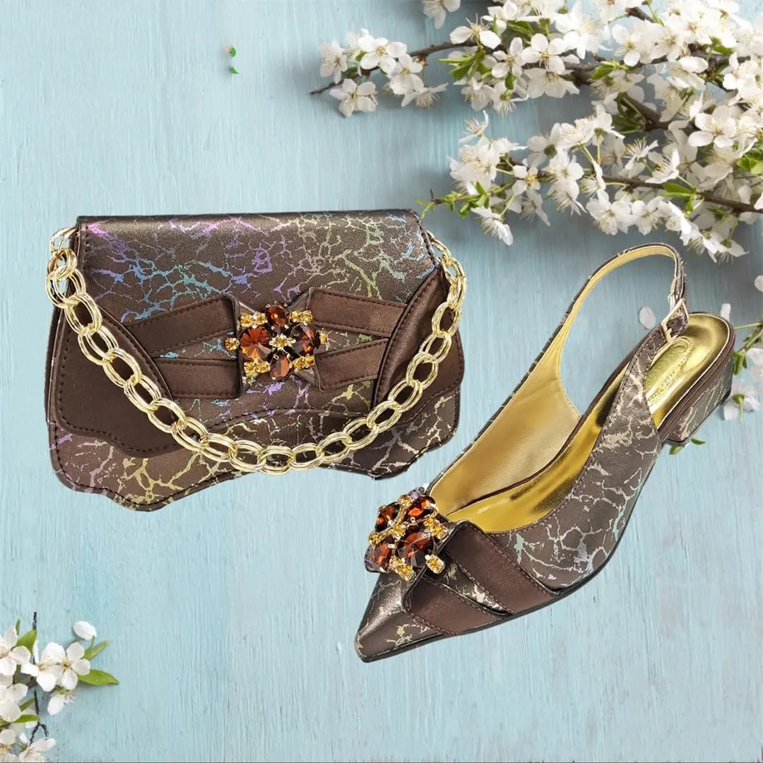 Women’S Blue Rhinestone Low Heels and Matching Bag Set with Square Heel for Elegant Weddings