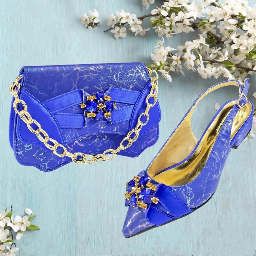 Women’S Blue Rhinestone Low Heels and Matching Bag Set with Square Heel for Elegant Weddings