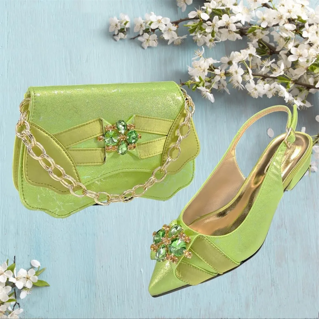 Women’S Blue Rhinestone Low Heels and Matching Bag Set with Square Heel for Elegant Weddings