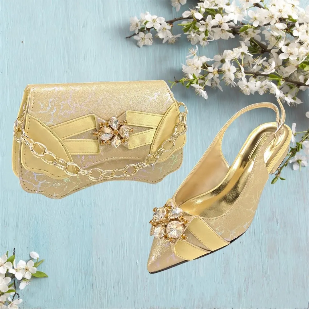Women’S Blue Rhinestone Low Heels and Matching Bag Set with Square Heel for Elegant Weddings