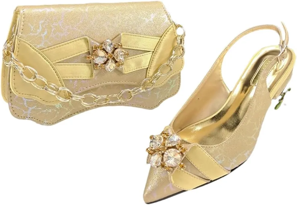 Women’S Blue Rhinestone Low Heels and Matching Bag Set with Square Heel for Elegant Weddings