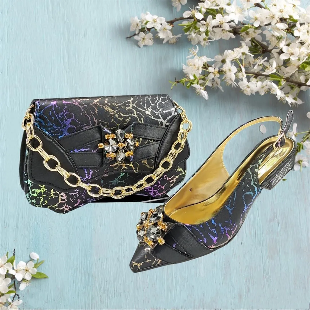Women’S Blue Rhinestone Low Heels and Matching Bag Set with Square Heel for Elegant Weddings