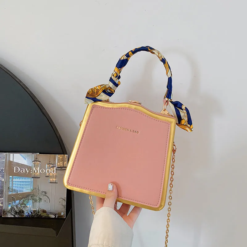 Women's Box Silk Scarf Portable Chain Western Style Crossbody Bags