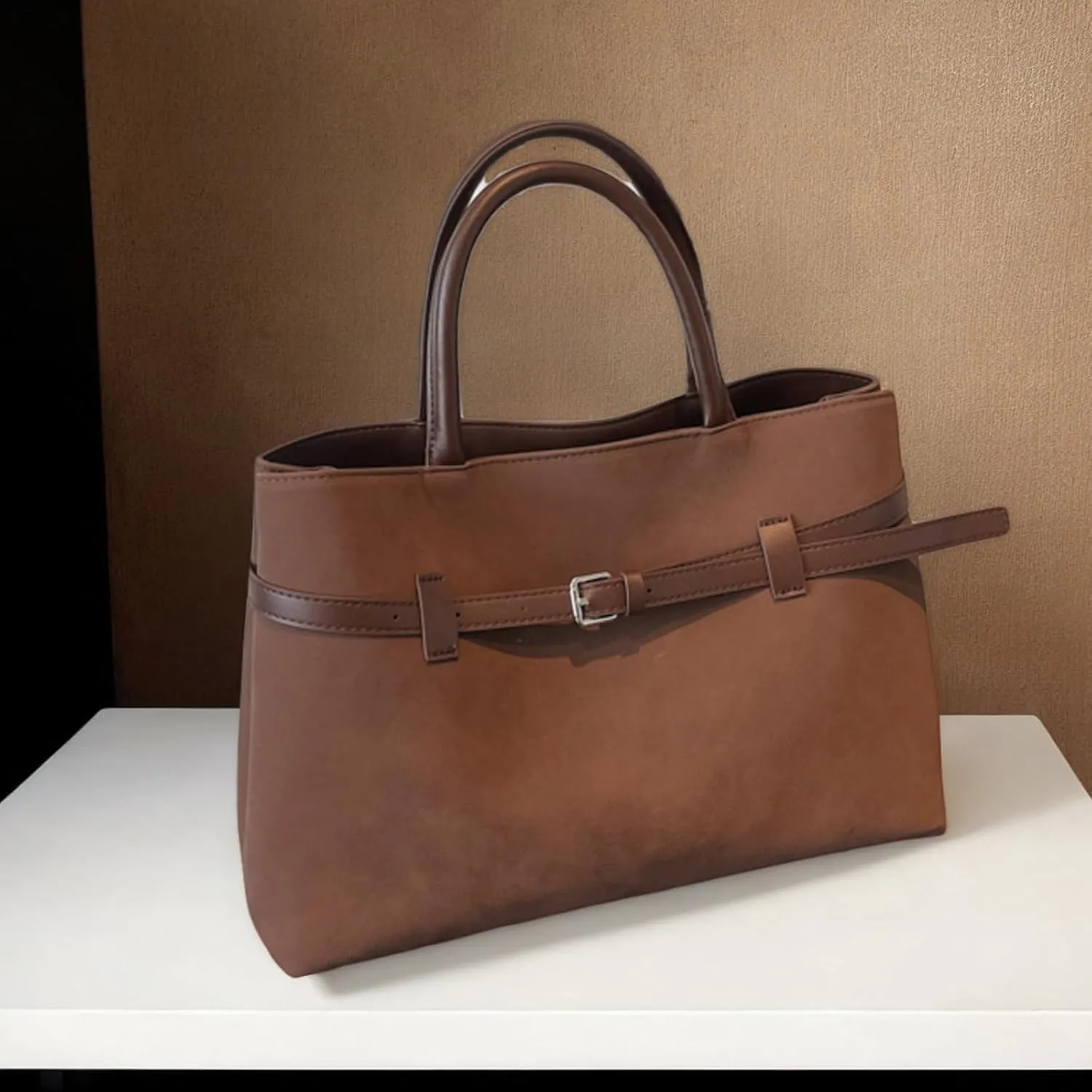 Women's Brown Suede Tote Handbag with Leather Handle, Large Capacity