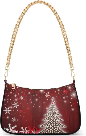 Women's Chain Shoulder Bag, Snowflake Red Christmas Tree wallet Tote Handbag Clutch Purse with Zipper
