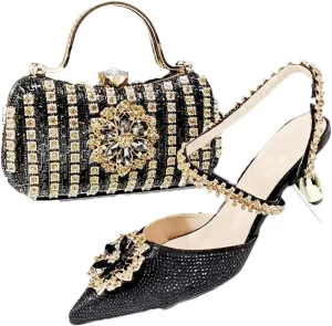 Women’S Dazzling Thin Heel Pumps and Clutch Set with Crystal Details for Festive Elegance