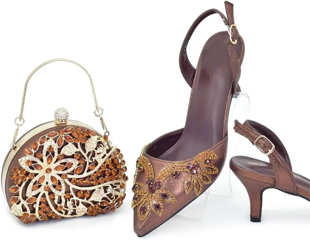 Women’S Elegant Italian Shoes and Bag Set for Dress Occasion with Charm Decorations and Buckle Strap