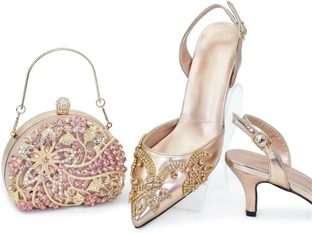 Women’S Elegant Italian Shoes and Bag Set for Dress Occasion with Charm Decorations and Buckle Strap