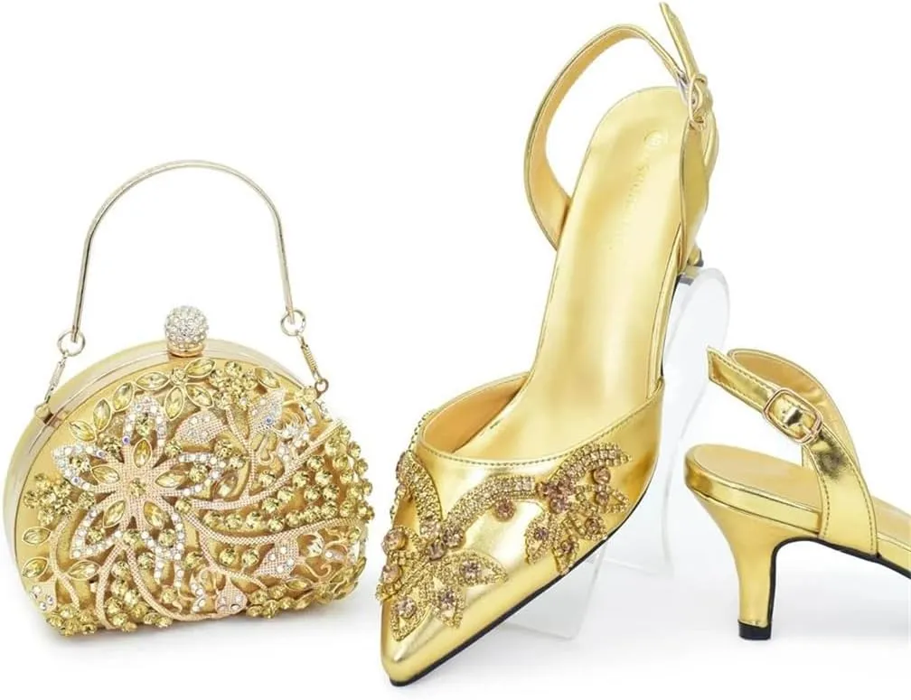 Women’S Elegant Italian Shoes and Bag Set for Dress Occasion with Charm Decorations and Buckle Strap