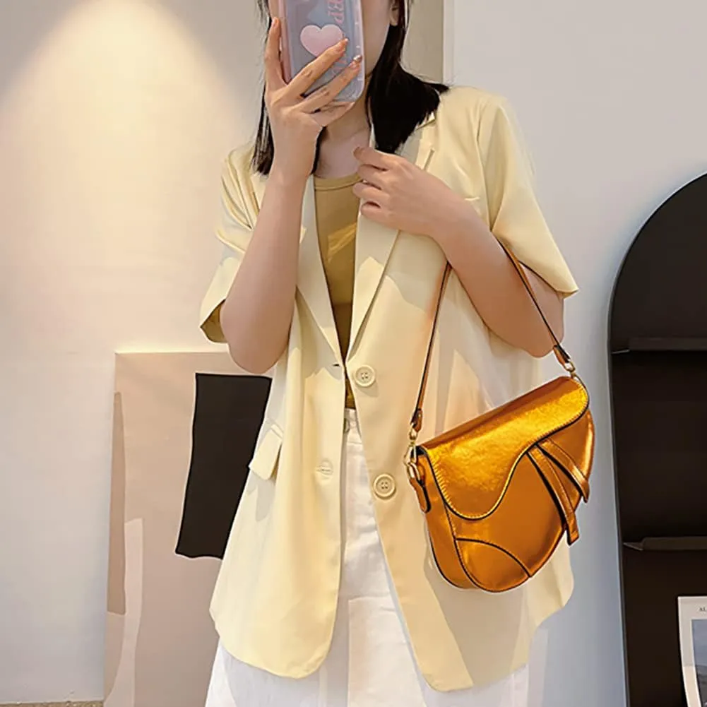 Women's Fashion Glossy Surface Saddle Shoulder Bag, PU Leather Clutch Underarm Handbag,Trendy Cow Print Satchel,Crossbody