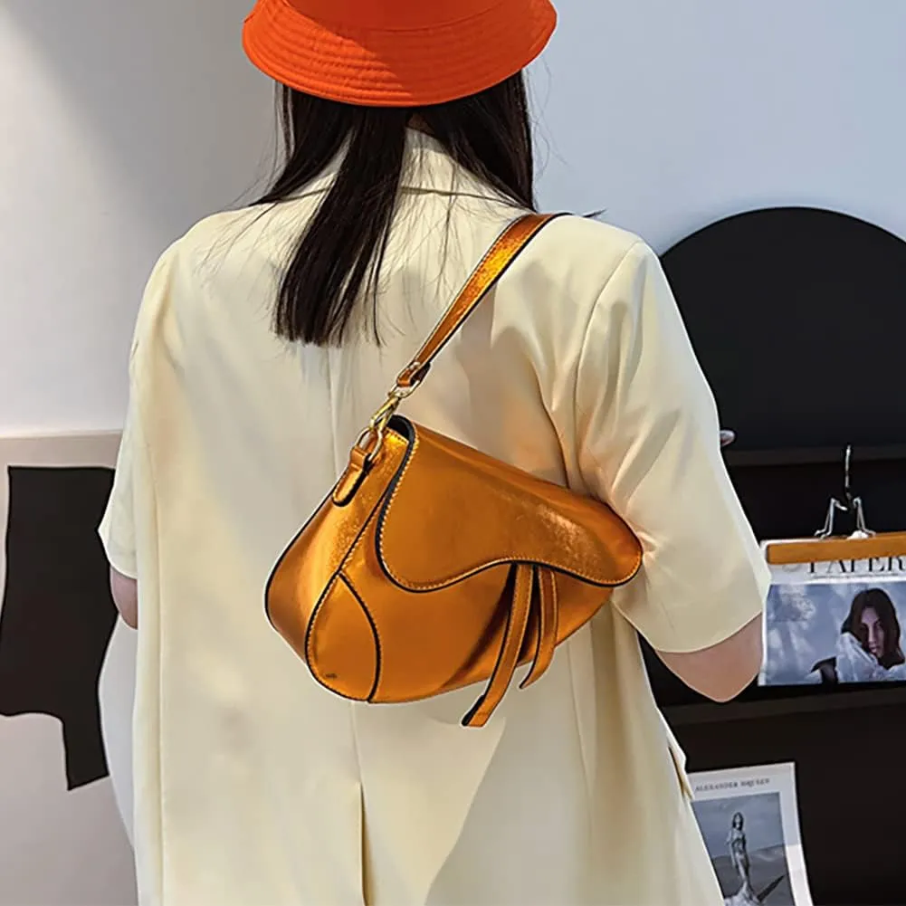 Women's Fashion Glossy Surface Saddle Shoulder Bag, PU Leather Clutch Underarm Handbag,Trendy Cow Print Satchel,Crossbody