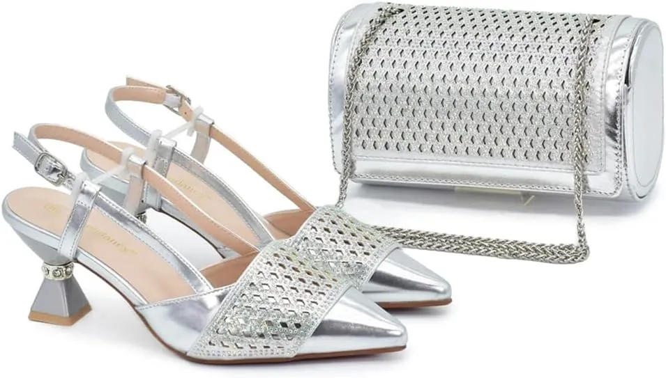 Women’S Fashion Italian Leather Shoes and Bag Set for Evening Party with Rhinestone Decorations and Soft Leather